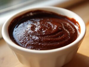 Close-up of thick, glossy homemade chocolate sauce swirled in a small white bowl.