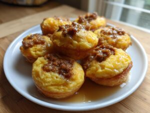 A white plate holding several golden brown sausage mcgriddle bites drizzled with syrup.