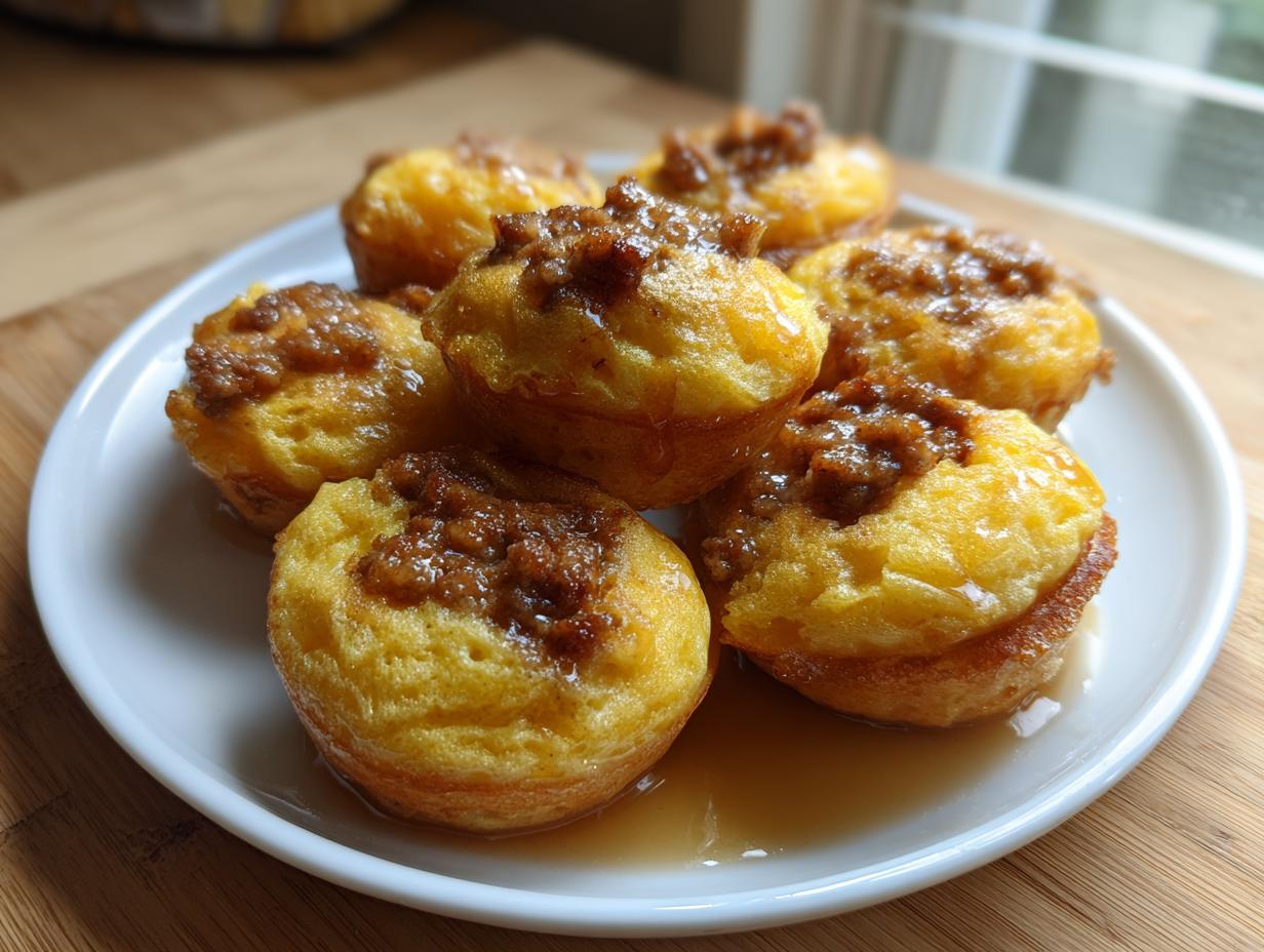 A white plate holding several golden brown sausage mcgriddle bites drizzled with syrup.