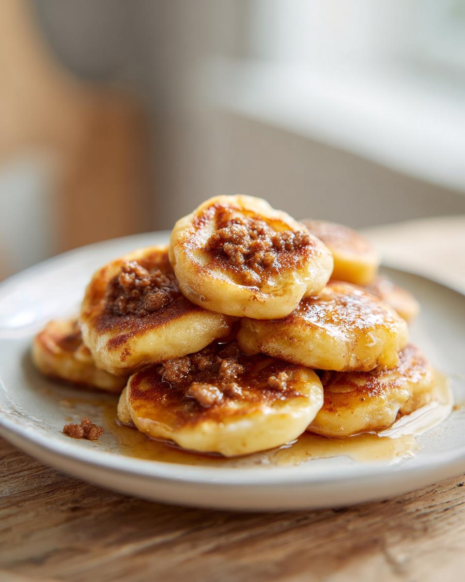 A close-up stack of golden brown sausage mcgriddle bites drizzled with syrup on a light plate.