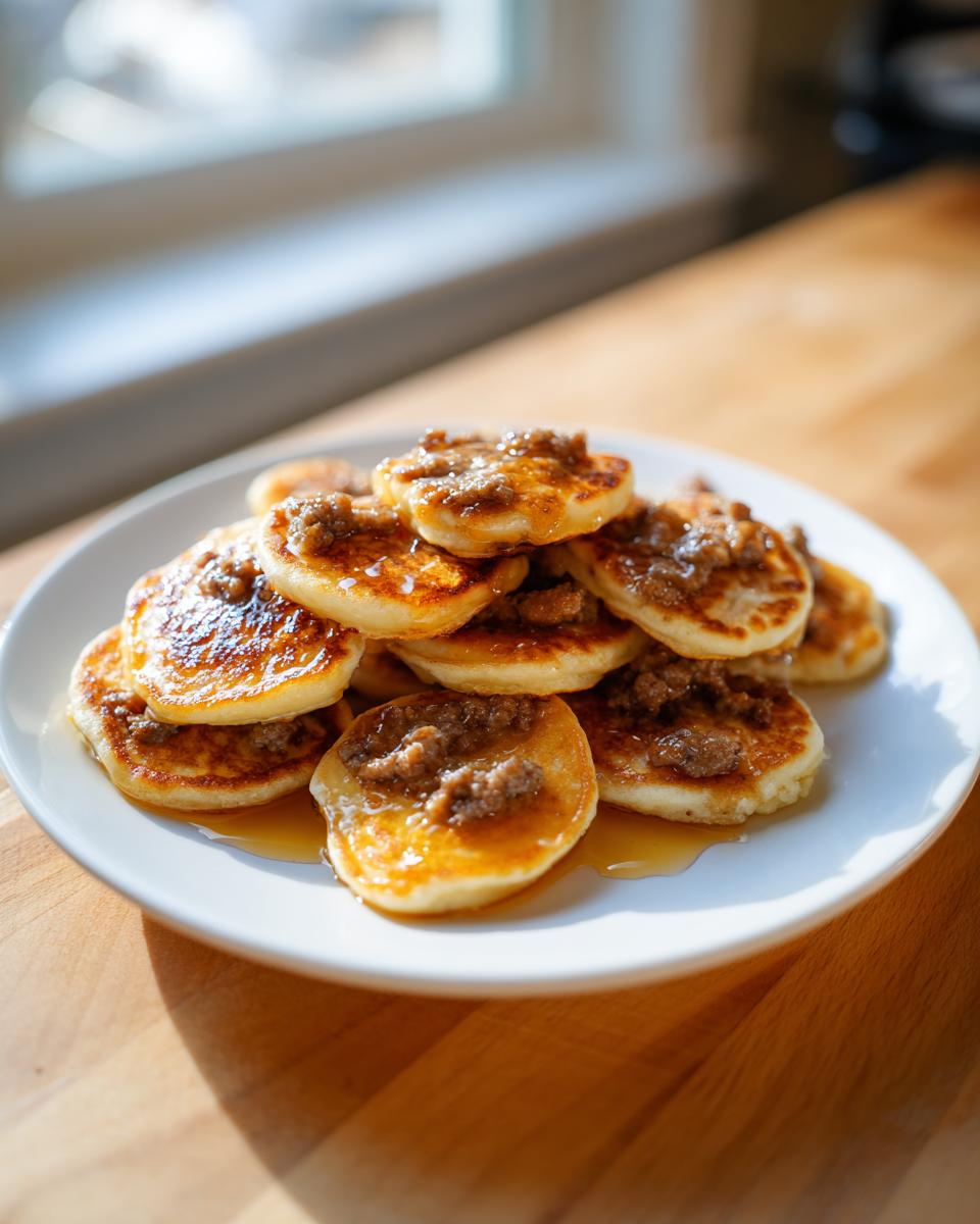 A stack of golden-brown sausage mcgriddle bites drizzled with syrup on a white plate.