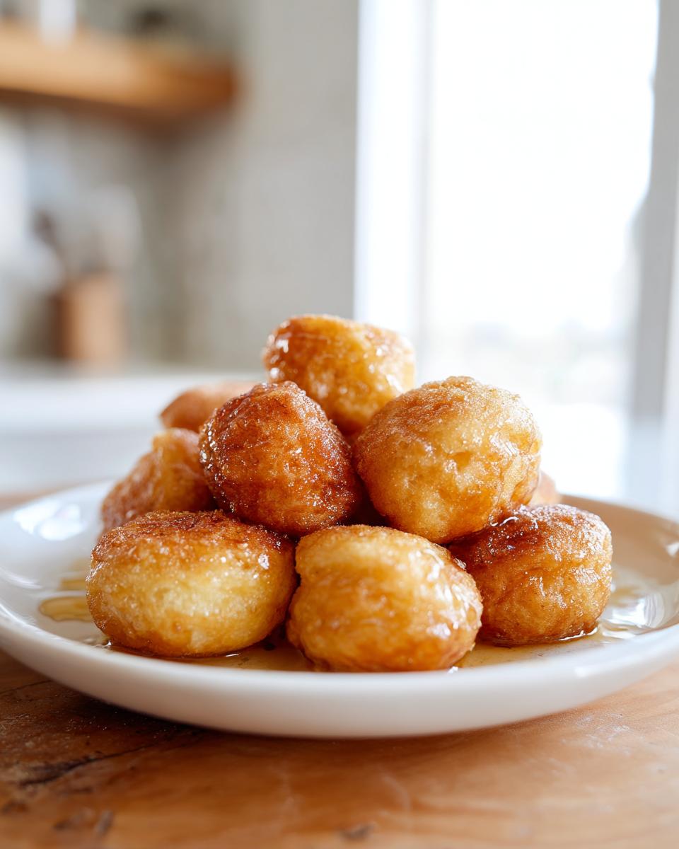 A stack of golden, syrup-glazed sausage mcgriddle bites piled high on a white plate.