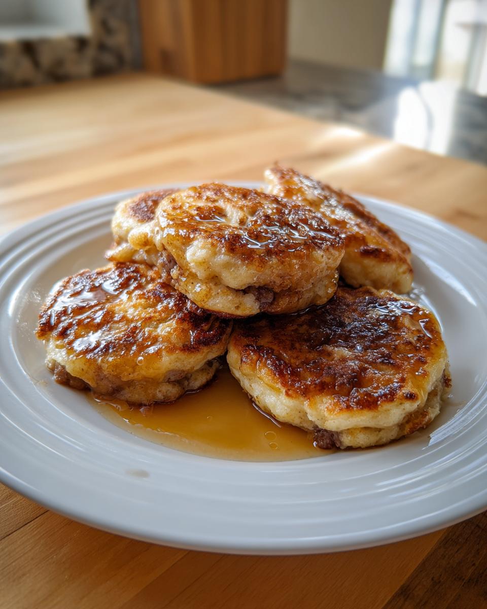 A stack of golden brown sausage mcgriddle bites drizzled generously with maple syrup on a white plate.
