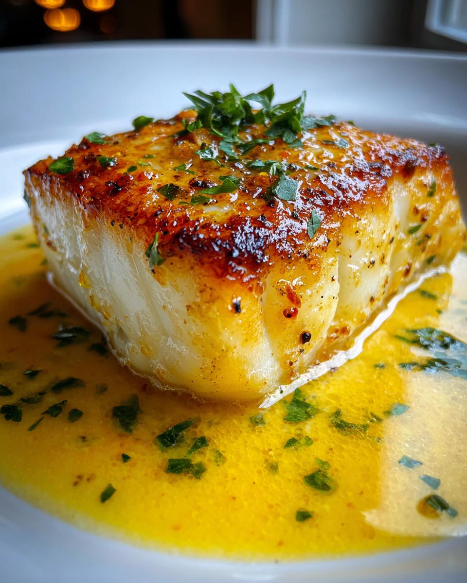 Close-up of a thick, perfectly seared chilean sea bass fillet resting in a bright yellow butter sauce, topped with fresh parsley.