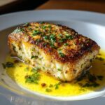 Close-up of a perfectly seared chilean sea bass recipe fillet resting in bright yellow butter sauce, topped with fresh parsley.