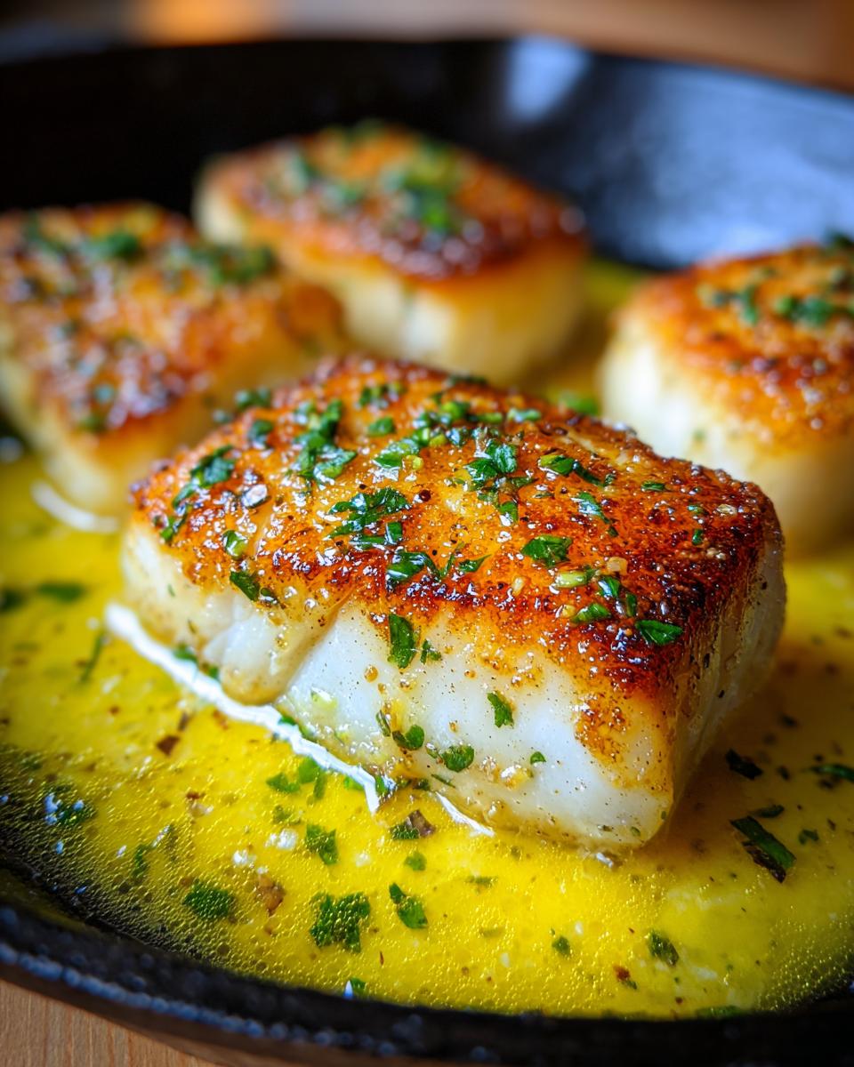 Close-up of a perfectly seared chilean sea bass recipe portion resting in bright yellow butter sauce, topped with parsley.