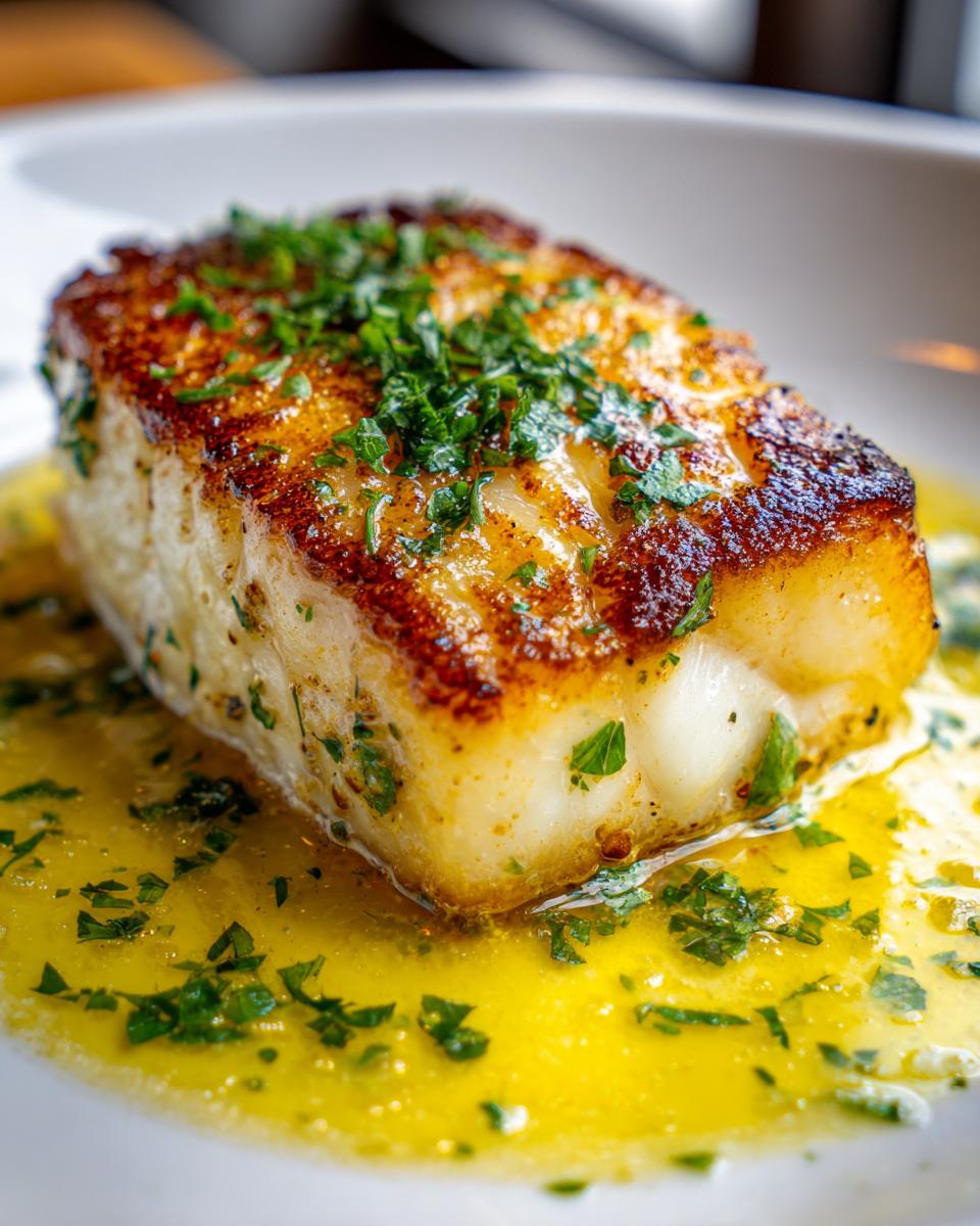 Close-up of a perfectly seared chilean sea bass recipe fillet resting in a pool of lemon butter sauce and topped with fresh parsley.
