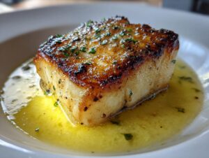 Close-up of a perfectly seared chilean sea bass recipe fillet resting in melted butter sauce.