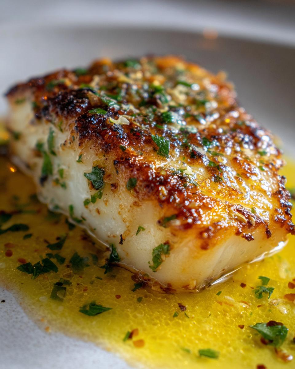 Close-up of a perfectly seared chilean sea bass recipe fillet resting in bright yellow lemon-herb butter sauce.