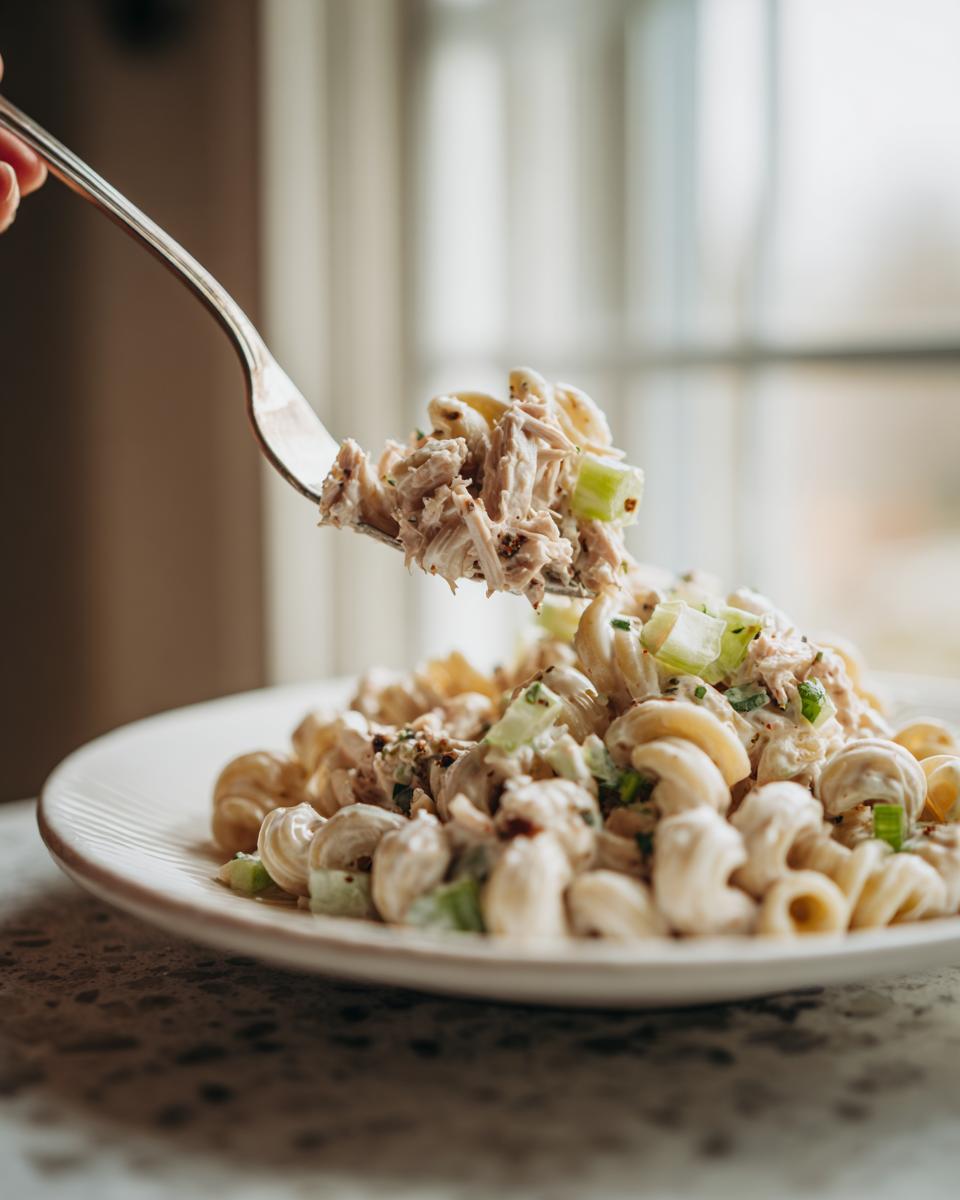 A fork lifts a bite of creamy tuna noodle salad cold, showing flaked tuna and celery over a plate of the salad.