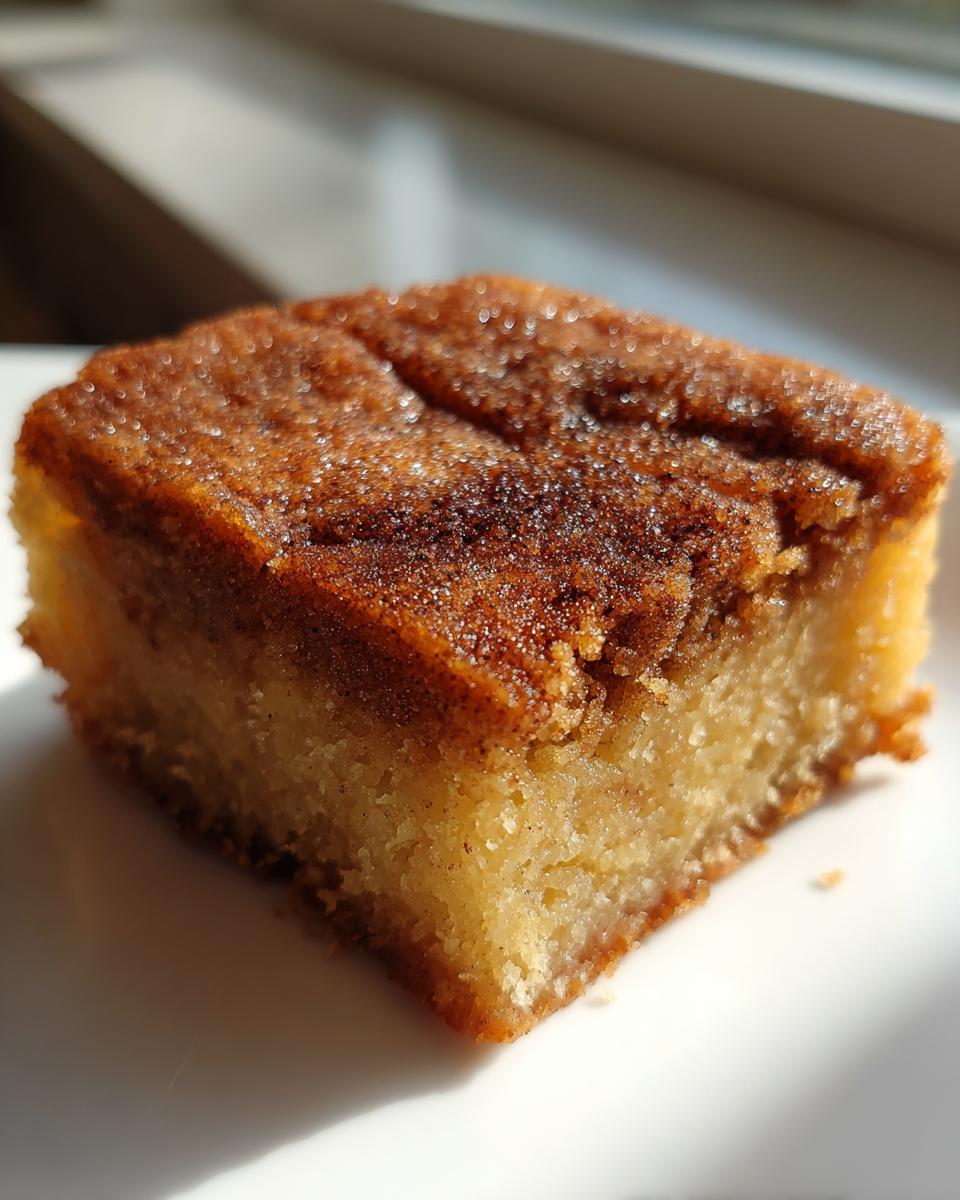 A close-up, sunlit shot of a single square of moist snickerdoodle bars topped with cinnamon sugar.