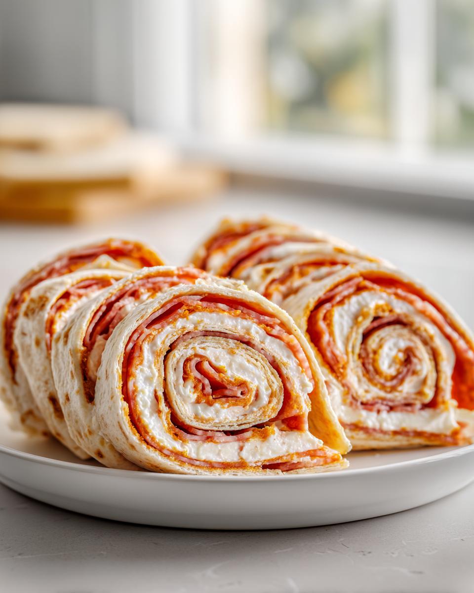 Close-up of several sliced Italian pinwheel sandwiches showing layers of cream cheese, meat, and sauce rolled in a tortilla.