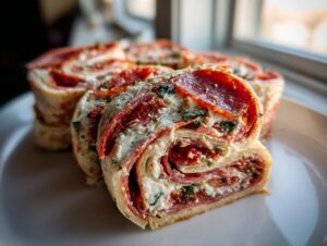 Close-up of several slices of savory italian pinwheels filled with cream cheese, pepperoni, and herbs on a white plate.