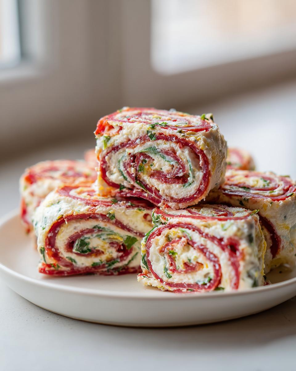 A stack of freshly sliced italian pinwheels featuring salami, cream cheese, and herbs on a white plate.