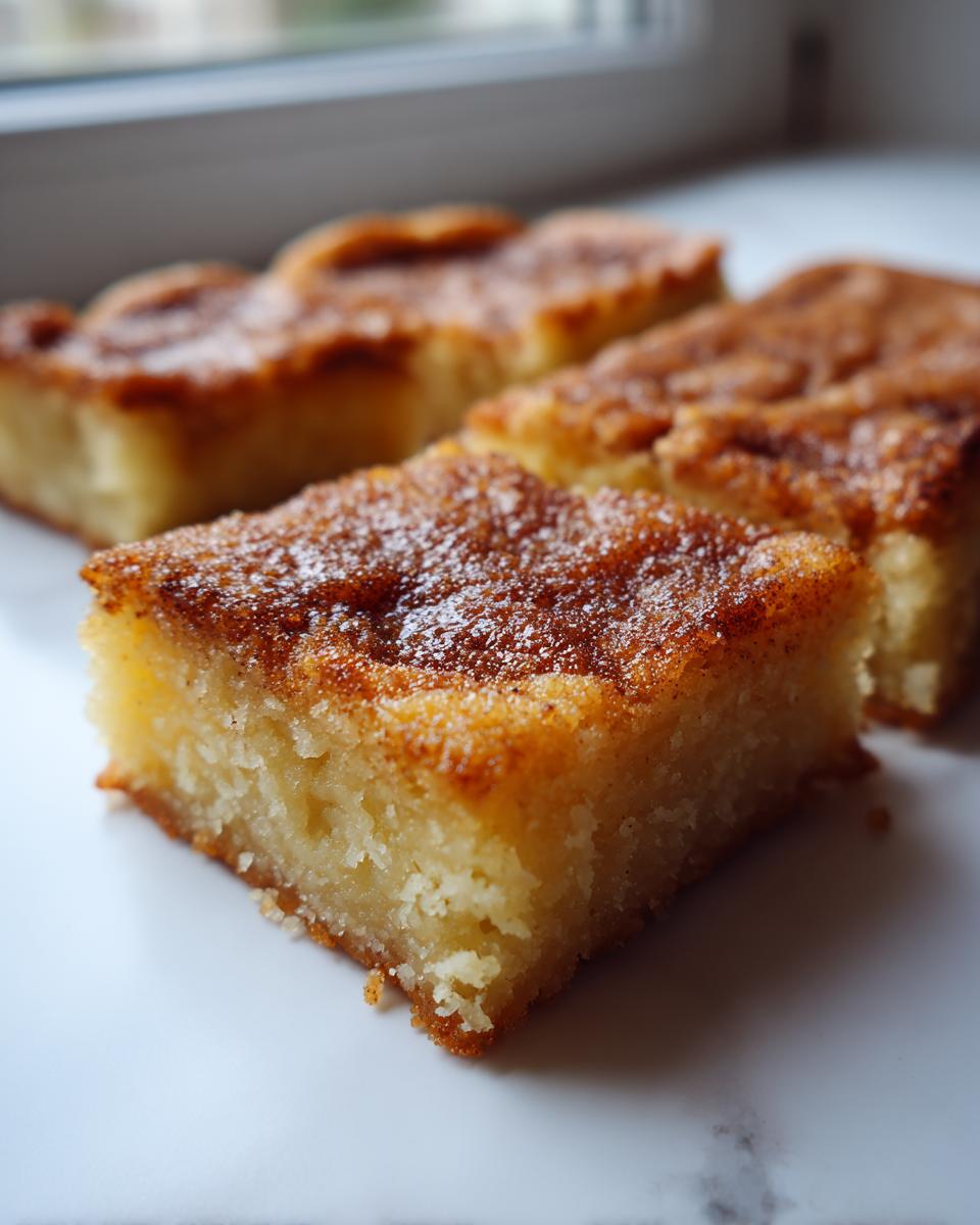A close-up, low-angle view of several squares of soft, golden snickerdoodle bars topped with cinnamon sugar.
