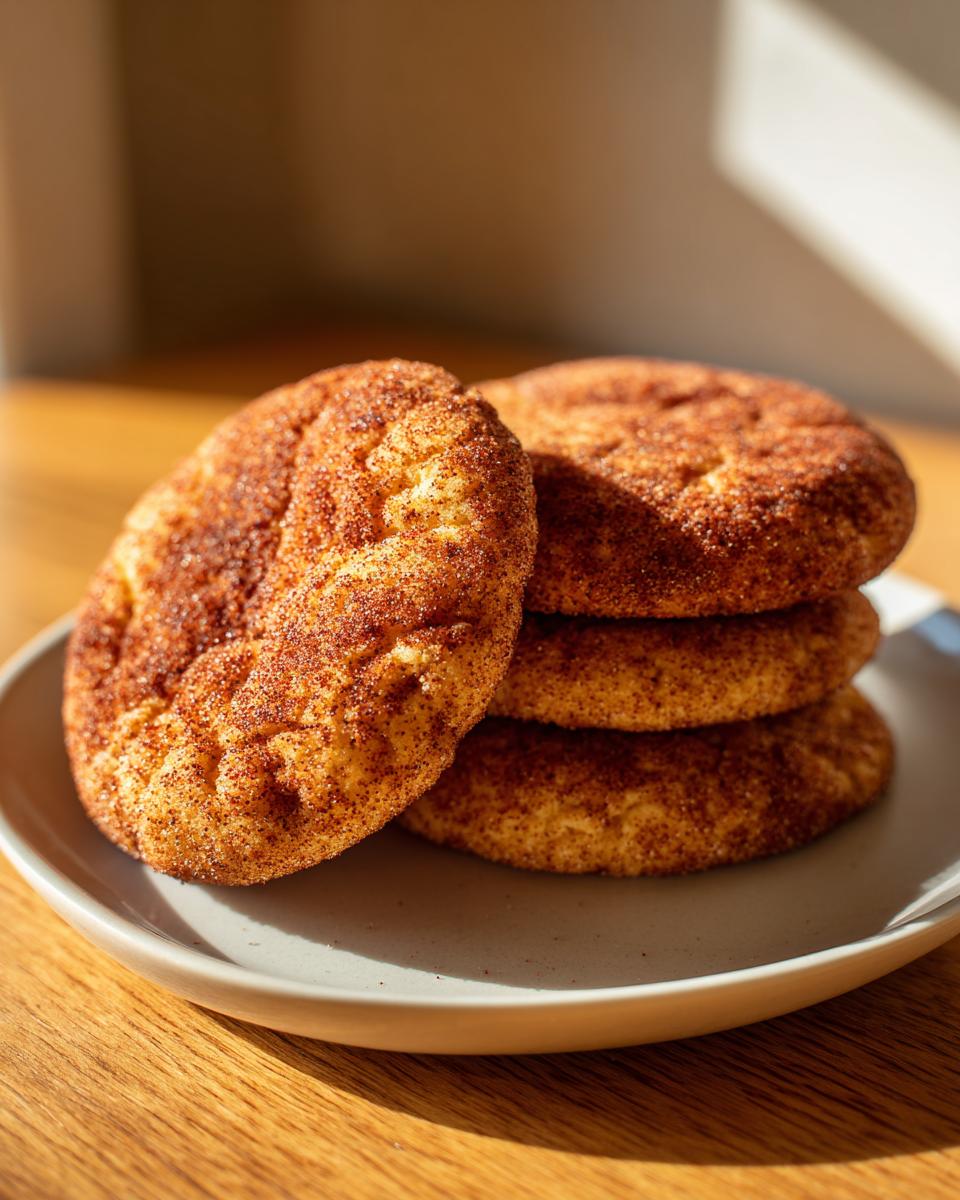 A stack of four freshly baked snickerdoodle cookies coated in cinnamon sugar on a light plate.