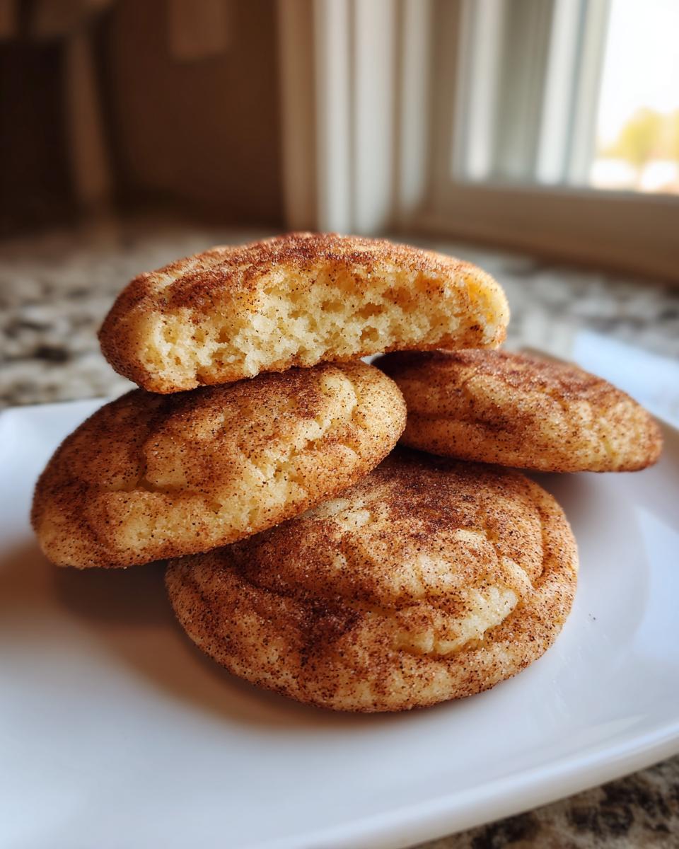 Close-up of stacked snickerdoodle cookies, one broken open showing the soft, cakey interior.