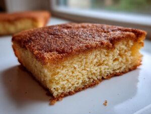 A close-up shot of a soft, square piece of snickerdoodle bars showing the moist crumb and cinnamon-sugar topping.