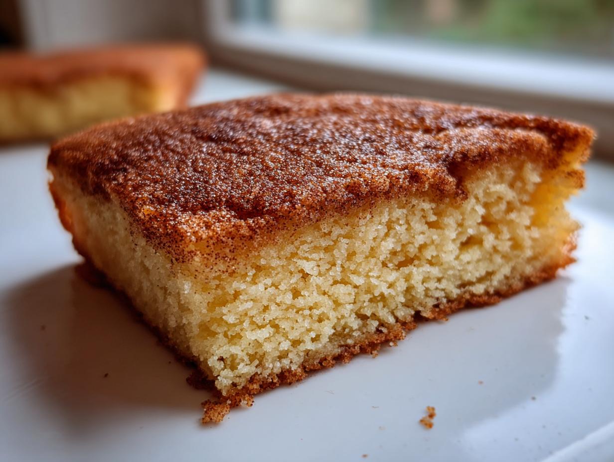 A close-up shot of a soft, square piece of snickerdoodle bars showing the moist crumb and cinnamon-sugar topping.