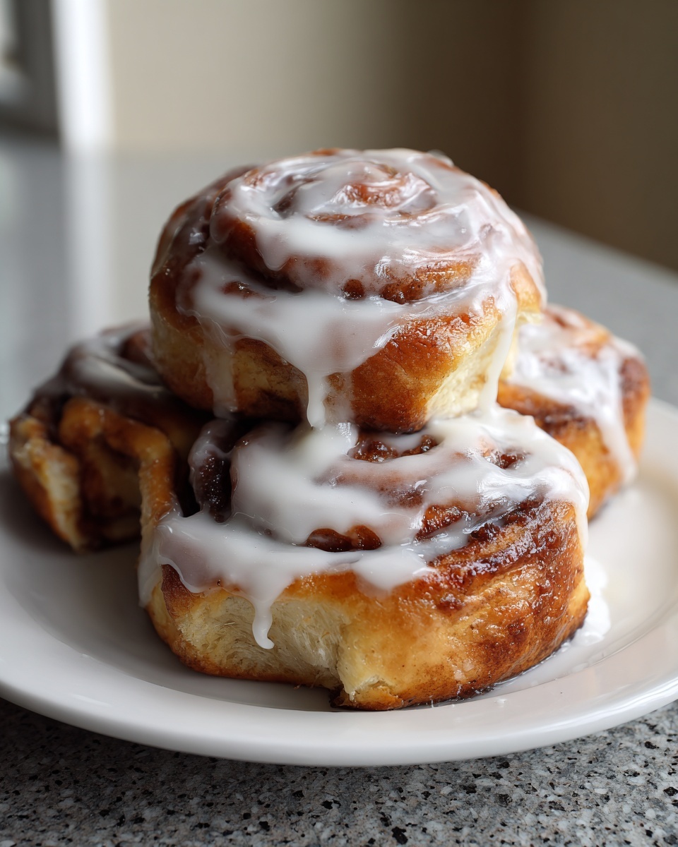 A stack of soft sourdough cinnamon rolls generously topped with dripping white icing on a white plate.