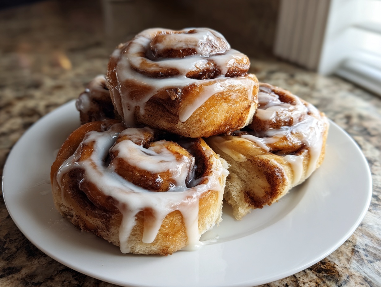 A stack of four soft sourdough cinnamon rolls generously topped with white icing on a white plate.