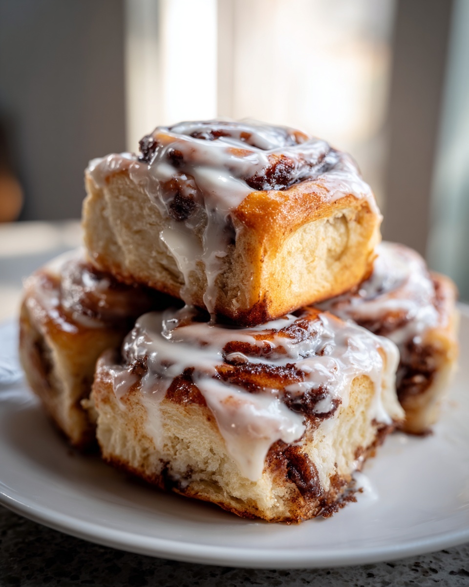 A close-up stack of four soft sourdough cinnamon rolls generously topped with white cream cheese icing.