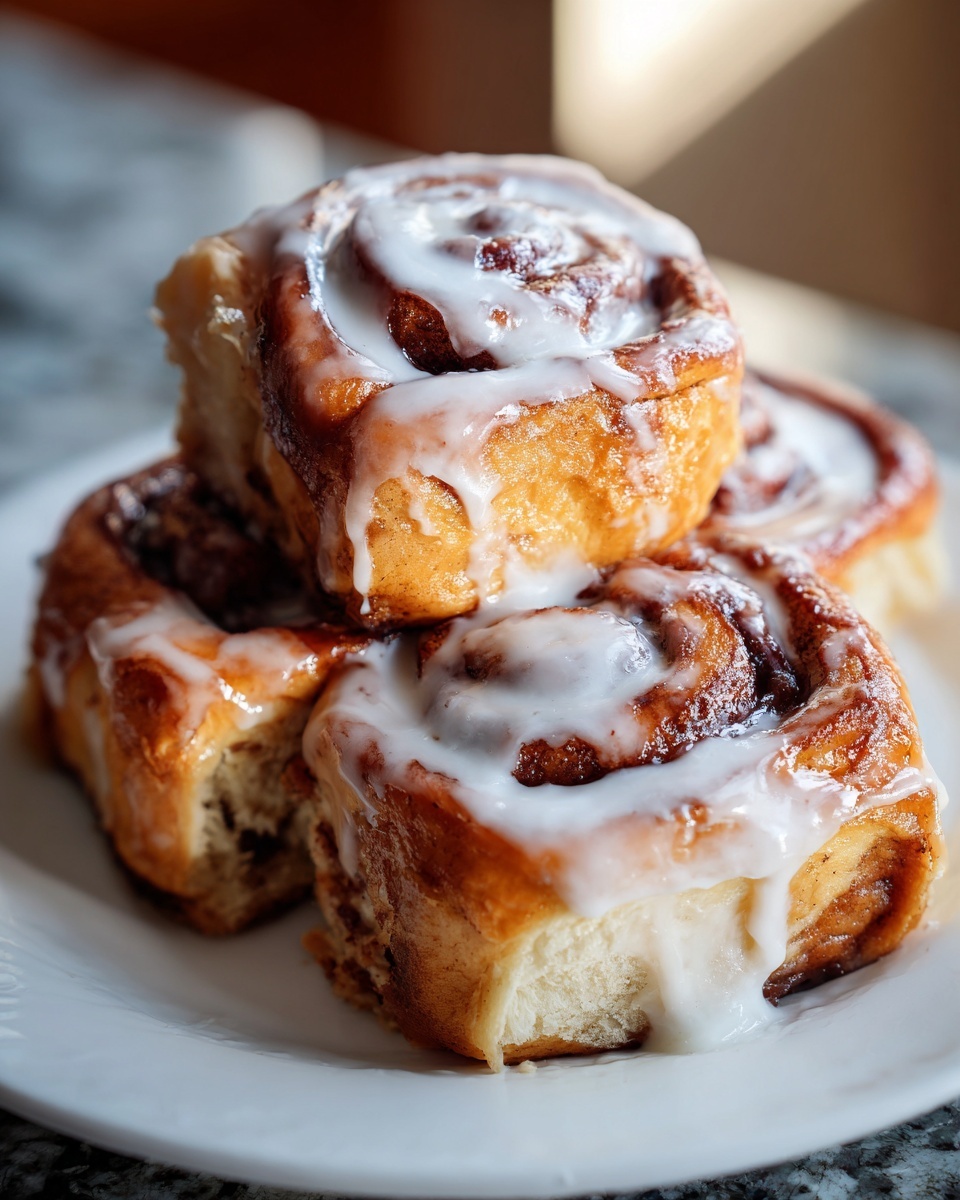 Close-up of three soft sourdough cinnamon rolls stacked on a white plate, dripping with white cream cheese icing.