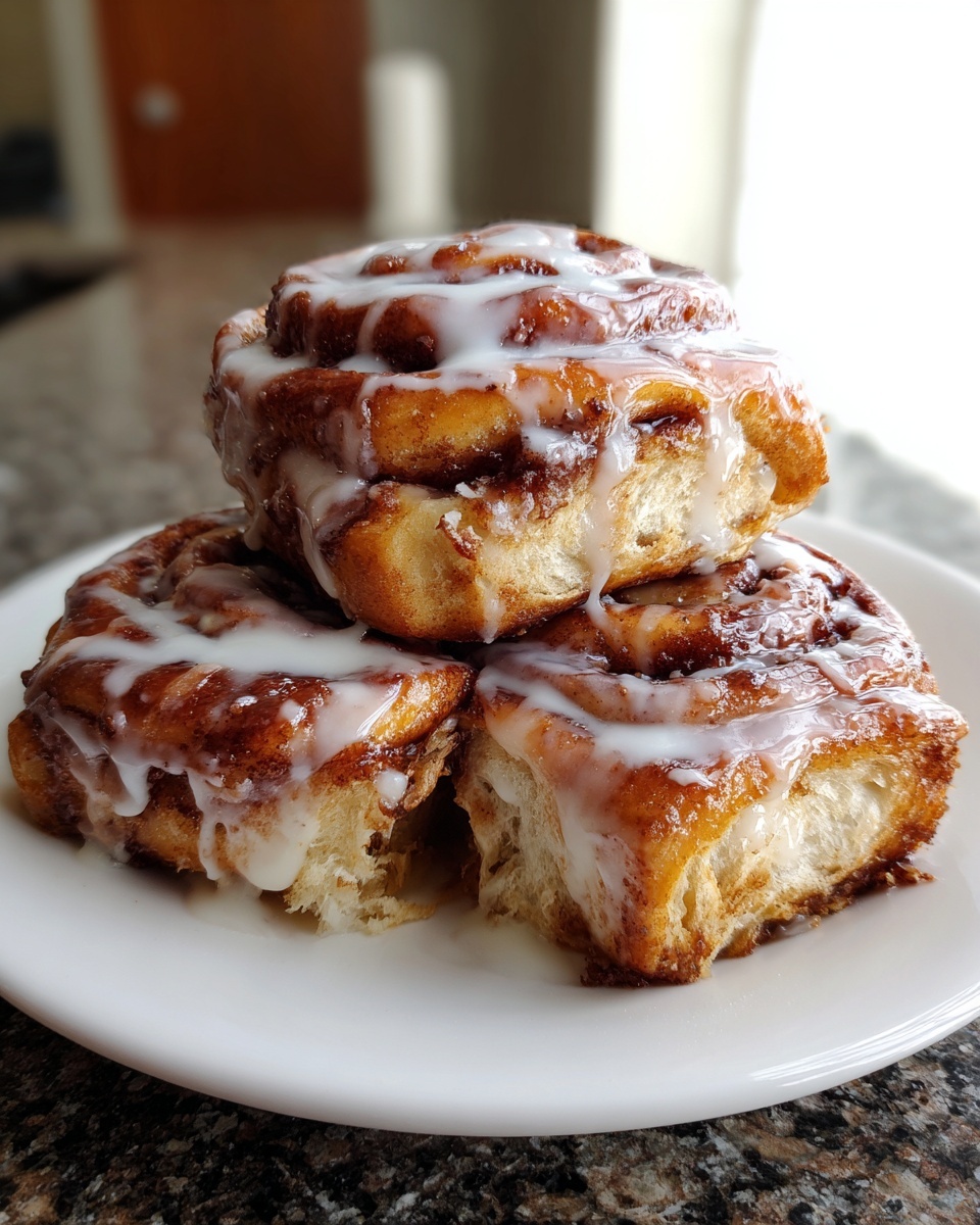 Close-up of three soft sourdough cinnamon rolls stacked on a white plate, generously drizzled with white icing.