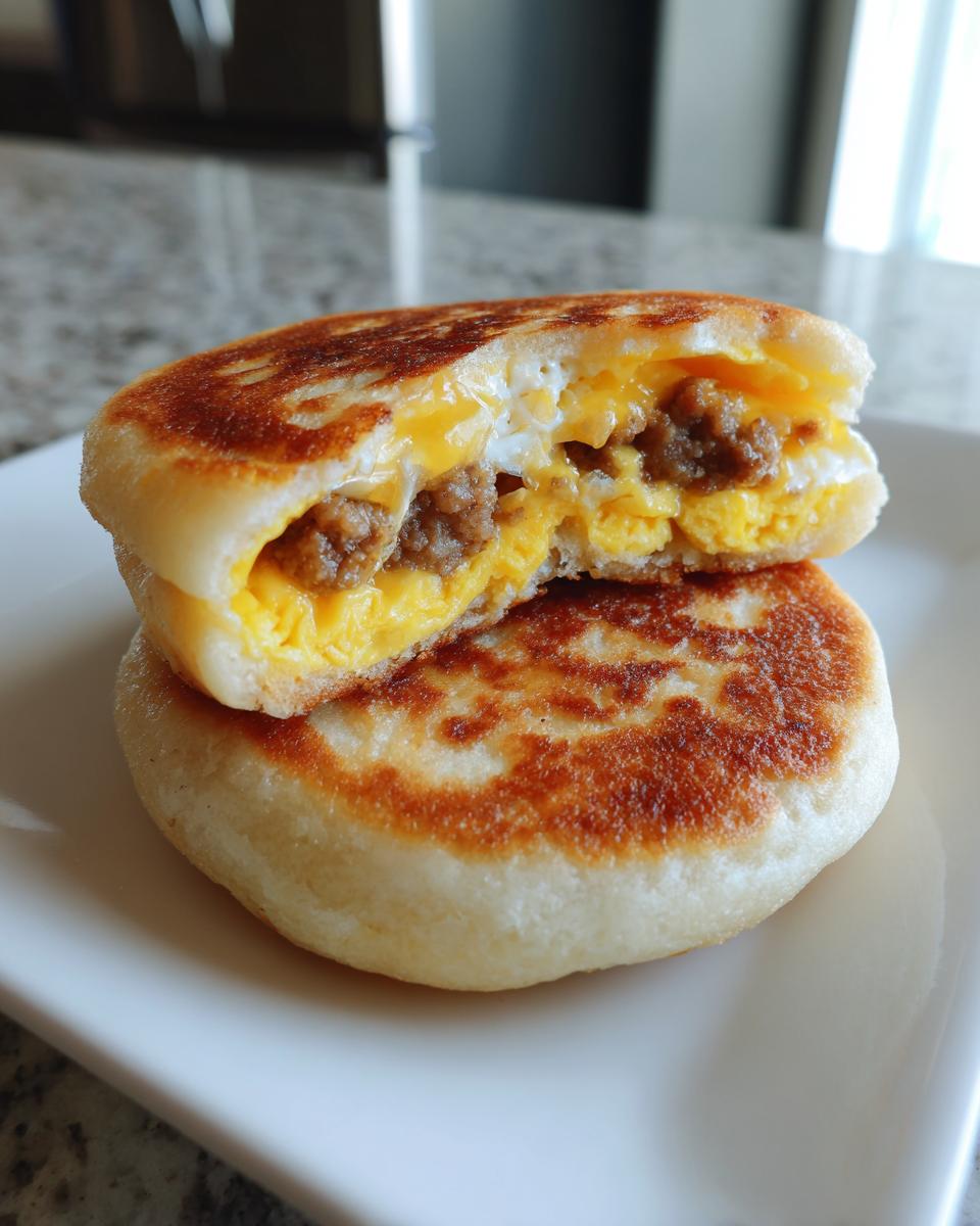 Close-up of sourdough discard mcgriddle bites cut open revealing sausage, egg, and melted cheese filling.