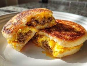 Close-up of sourdough discard mcgriddle bites cut open, showing sausage, egg, and melted cheese filling.