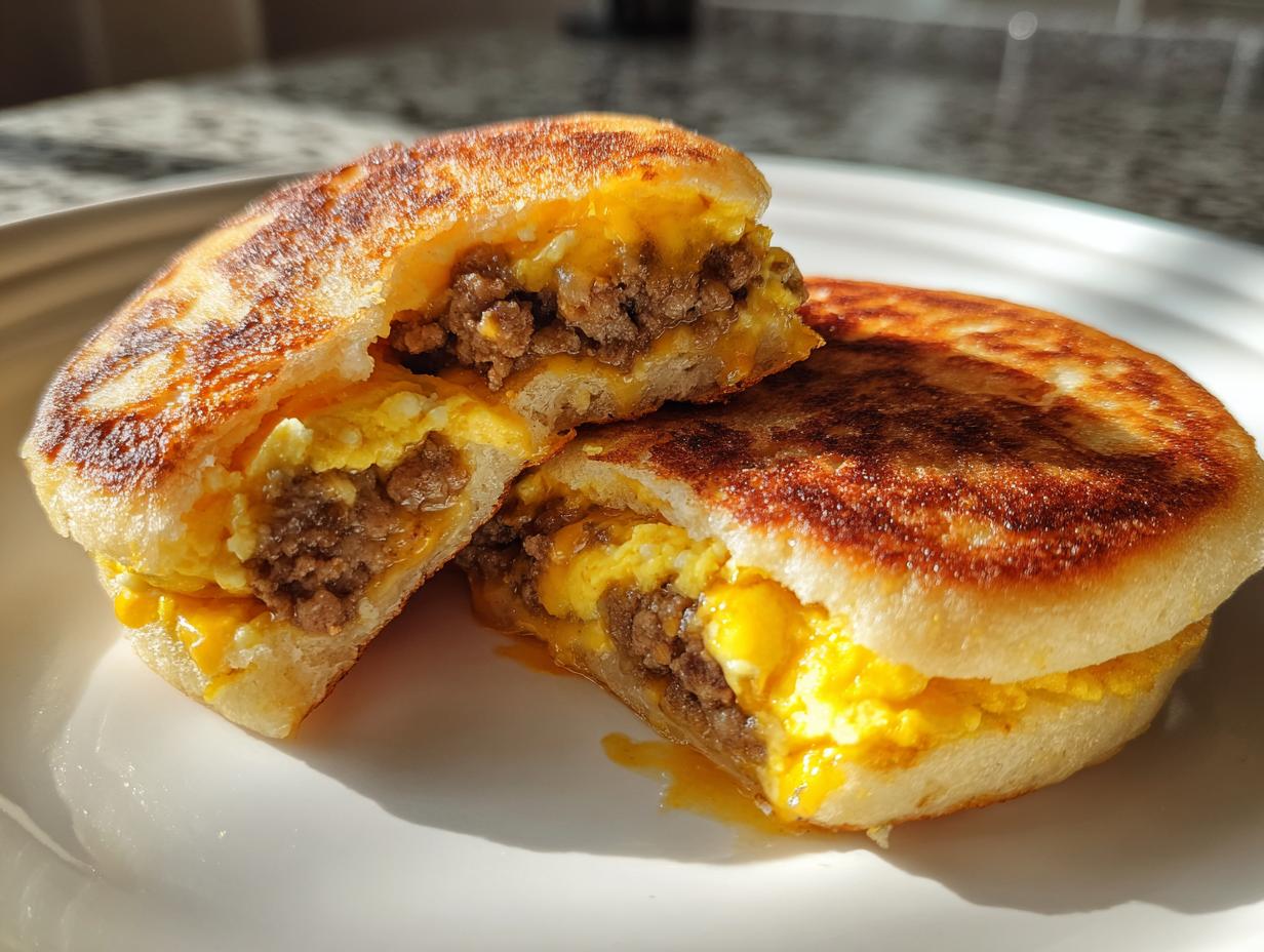 Close-up of sourdough discard mcgriddle bites cut open, showing sausage, egg, and melted cheese filling.