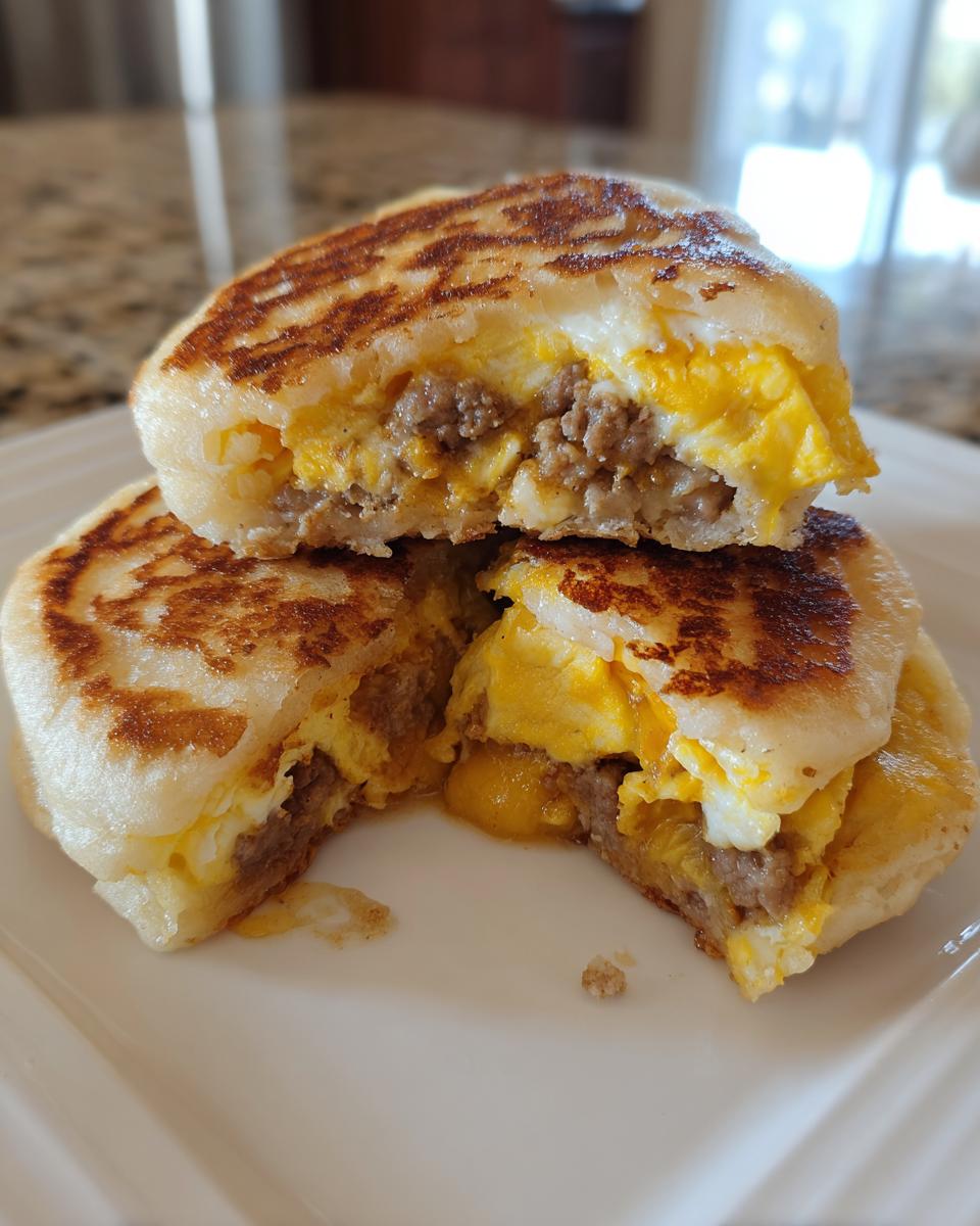Two halves of sourdough discard mcgriddle bites stacked, showing sausage, egg, and melted cheese filling.