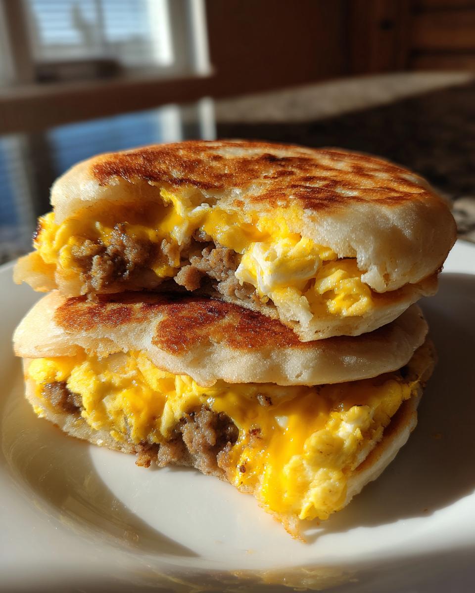 Close-up of two sourdough discard mcgriddle bites stacked, showing the filling of scrambled eggs, sausage, and melted cheese.