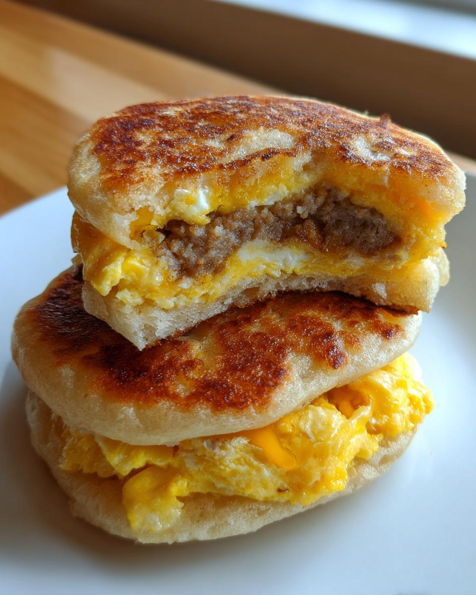 A stack of two sourdough discard mcgriddle bites filled with sausage and scrambled egg, cut open to show the filling.