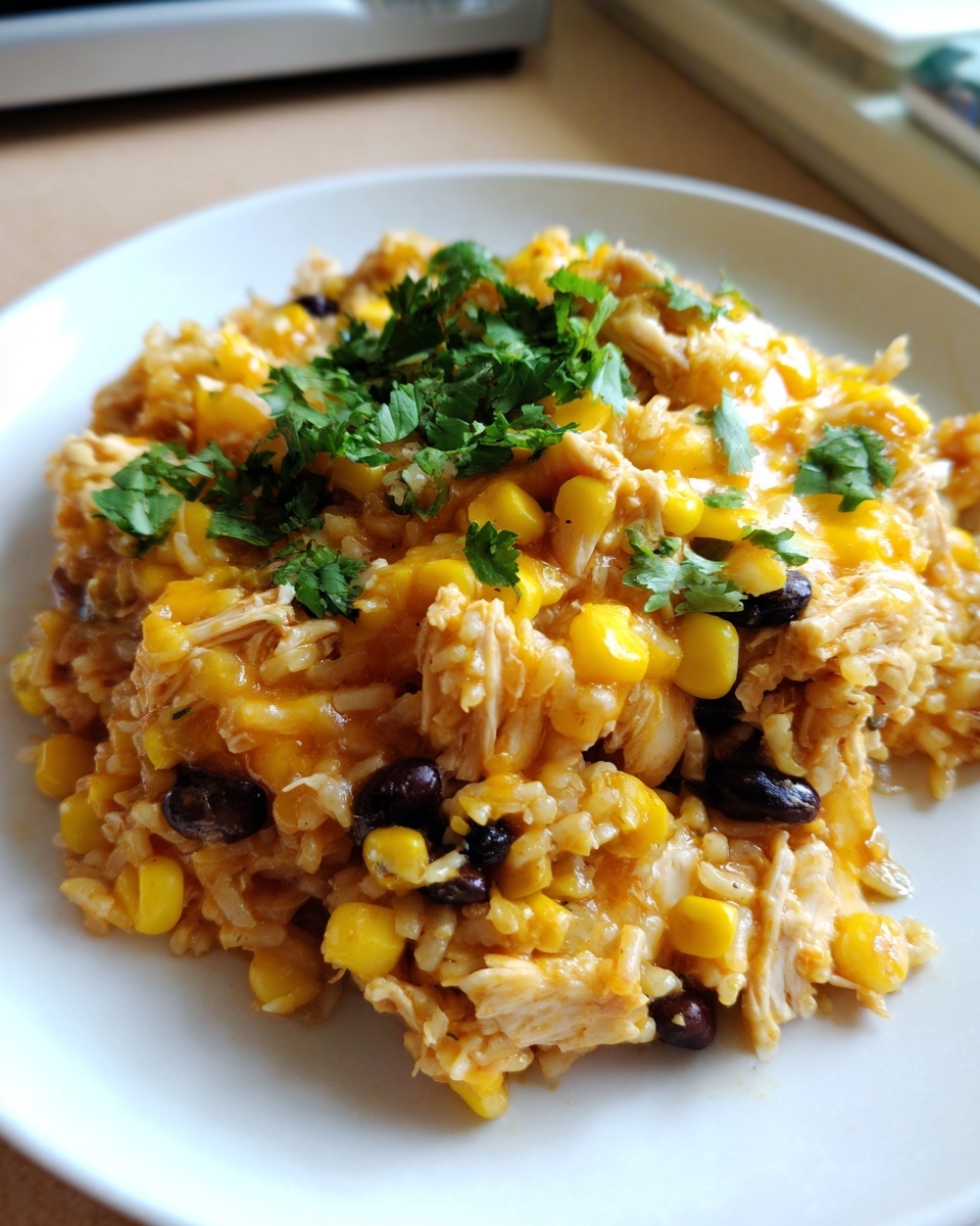 A close-up serving of southwest crockpot chicken and rice topped with fresh cilantro.