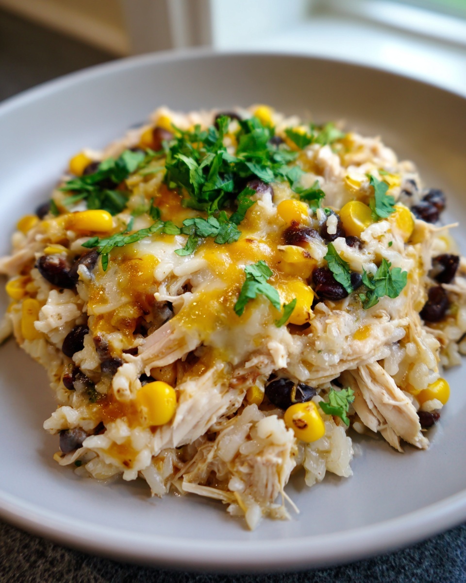A close-up serving of southwest crockpot chicken and rice topped with melted cheese and fresh cilantro.