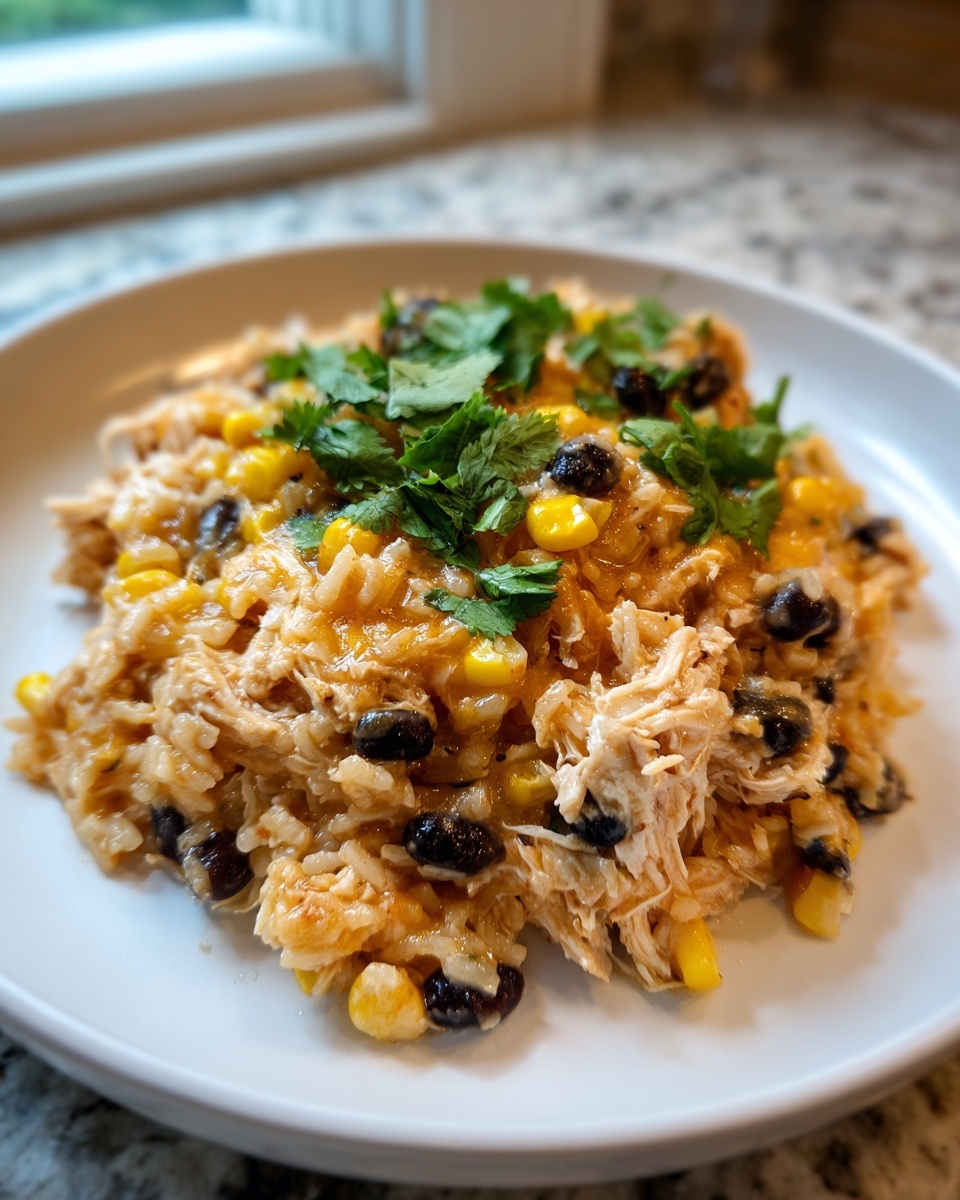 A close-up of southwest crockpot chicken and rice with black beans, corn, and fresh cilantro garnish.