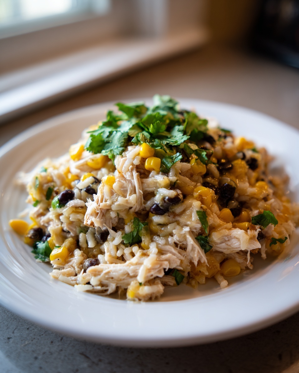 A plate of southwest crockpot chicken and rice mixed with black beans and corn, topped with fresh cilantro.