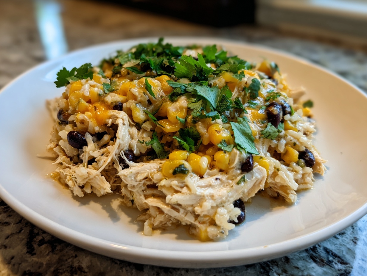 A serving of southwest crockpot chicken and rice topped with melted cheese and fresh cilantro.