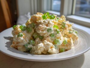 A mound of creamy spicy crab salad mixed with bright green peas and topped with sliced scallions, served on a white plate.