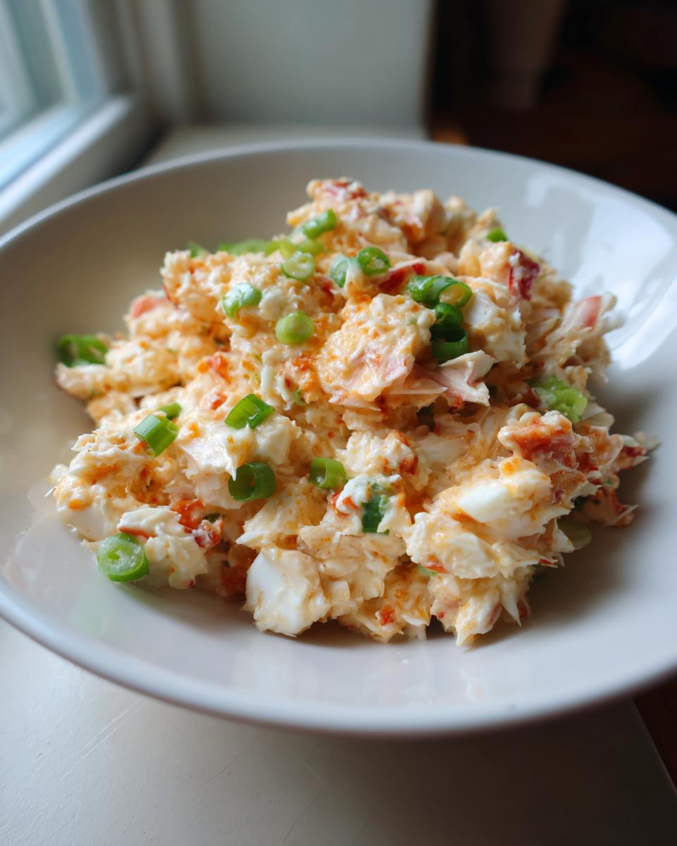 Close-up of a creamy, orange-tinged spicy crab salad garnished with fresh green scallions in a white bowl.