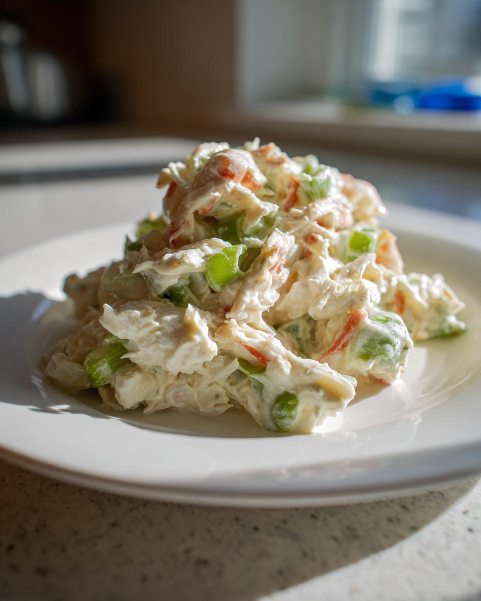A mound of creamy spicy crab salad mixed with visible green celery pieces served on a white plate.