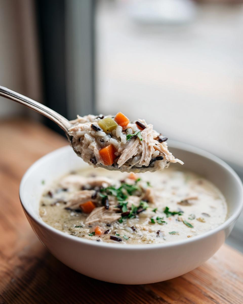 A spoonful of creamy turkey wild rice soup, showing shredded turkey, wild rice, carrots, and celery, lifted above the bowl.