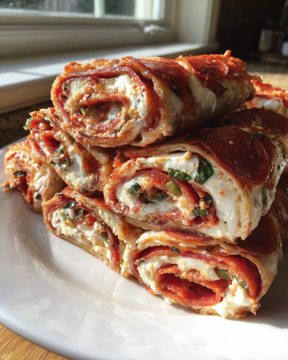 A stack of freshly baked italian pinwheels filled with cream cheese, pepperoni, and herbs on a white plate.