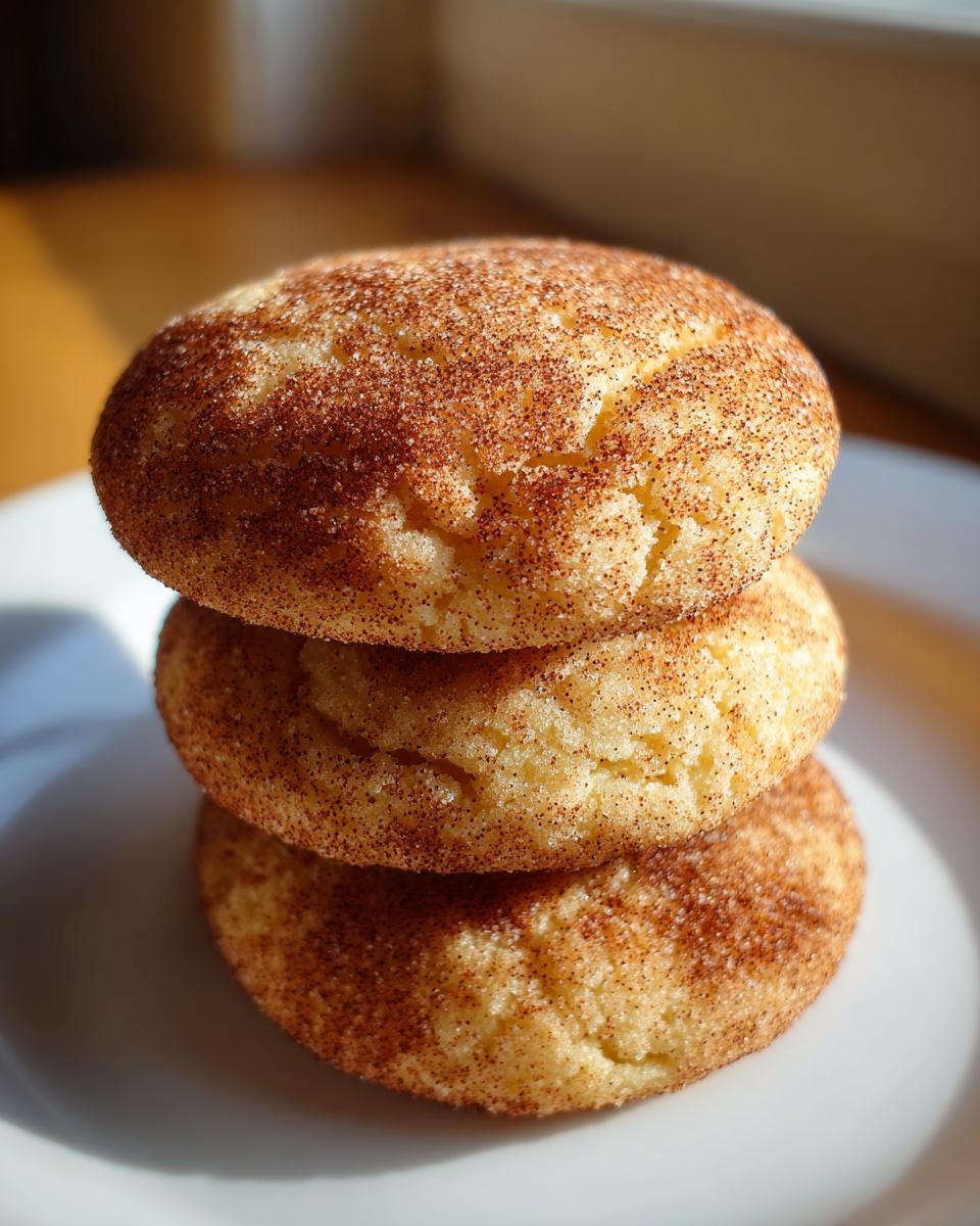 Three soft snickerdoodle cookies stacked vertically on a white plate, coated in cinnamon sugar.