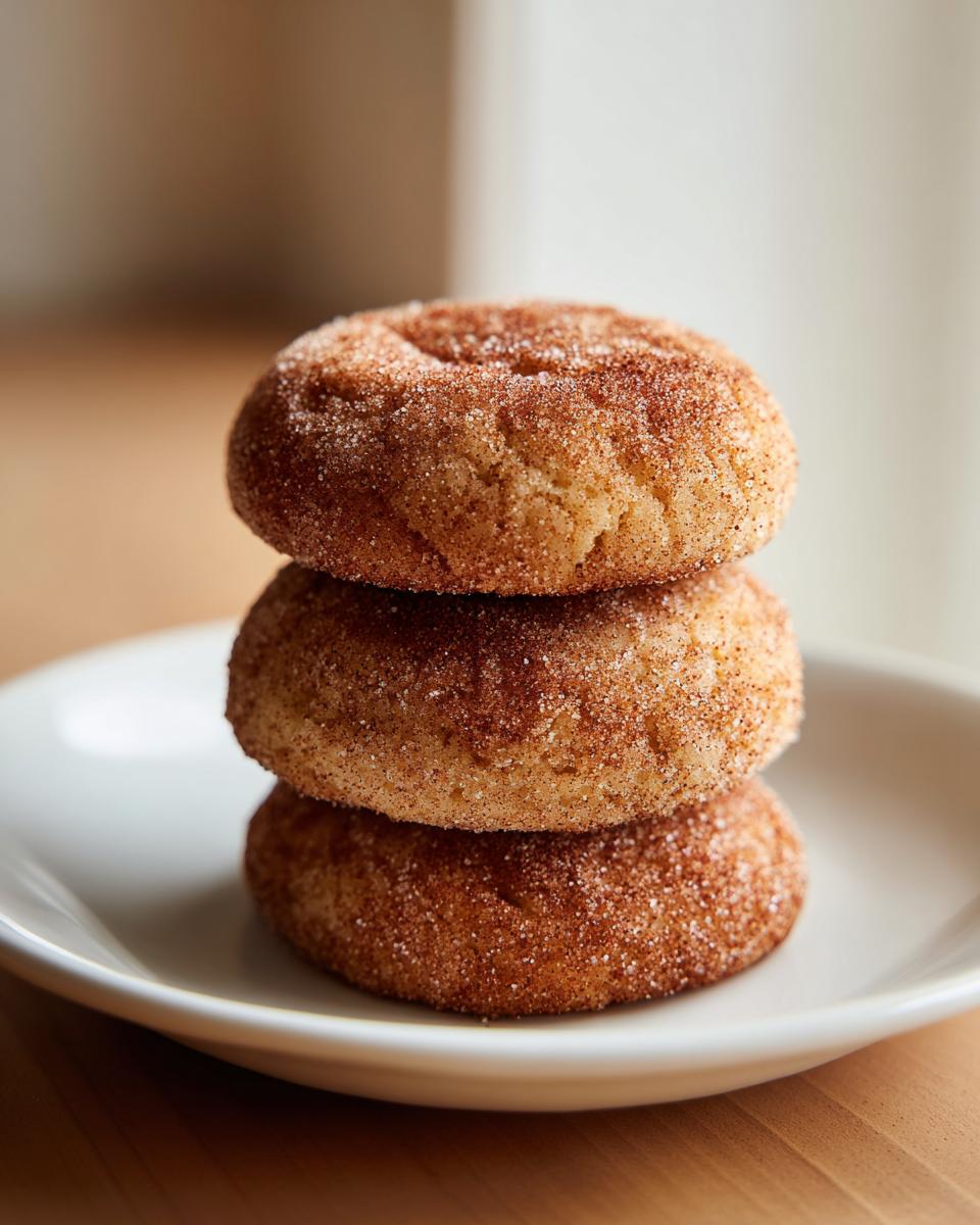 A vertical stack of three soft, thick snickerdoodle cookies heavily coated in cinnamon sugar, resting on a white plate.
