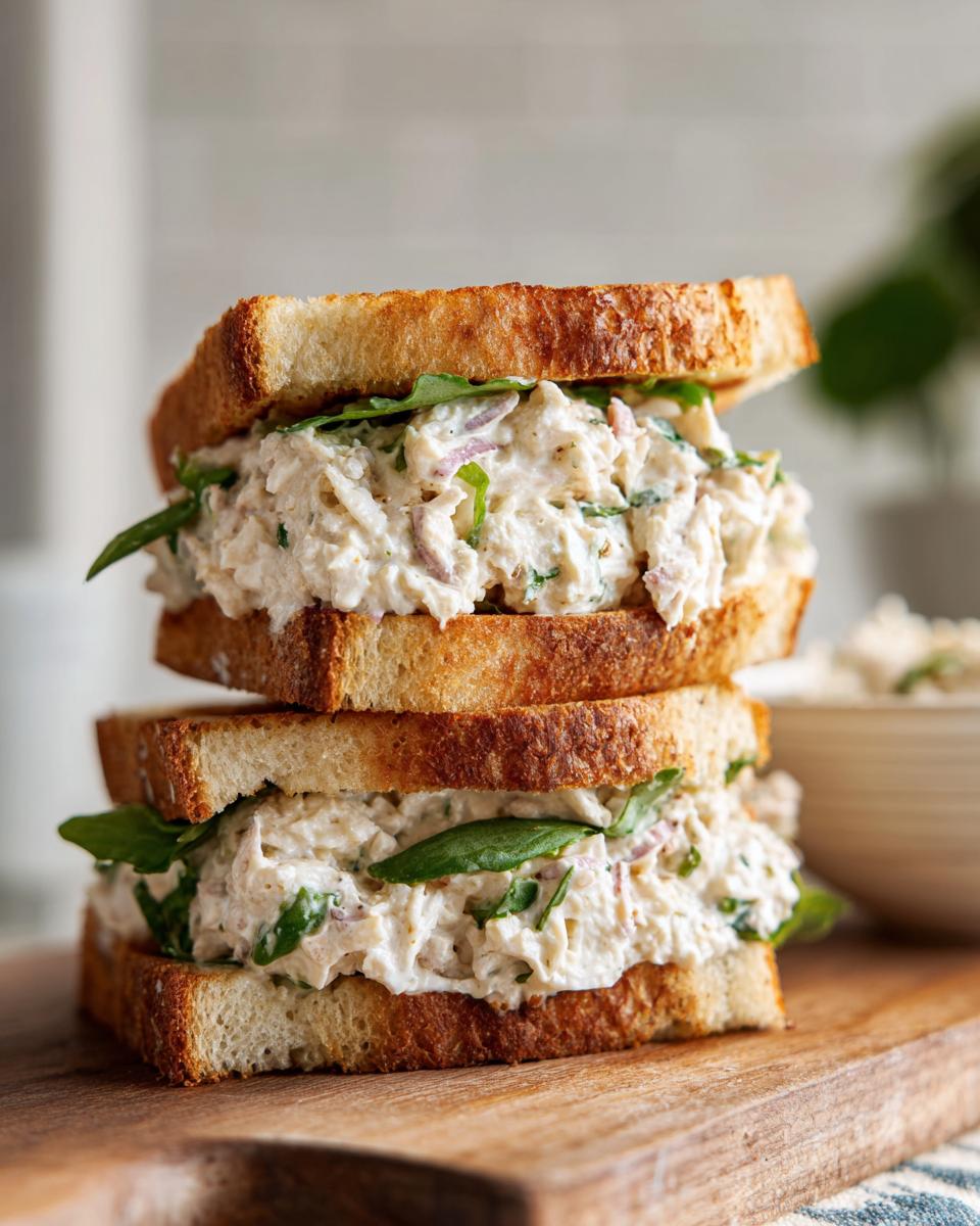 Two halves of a thick crab salad sandwich stacked on toasted bread with greens.