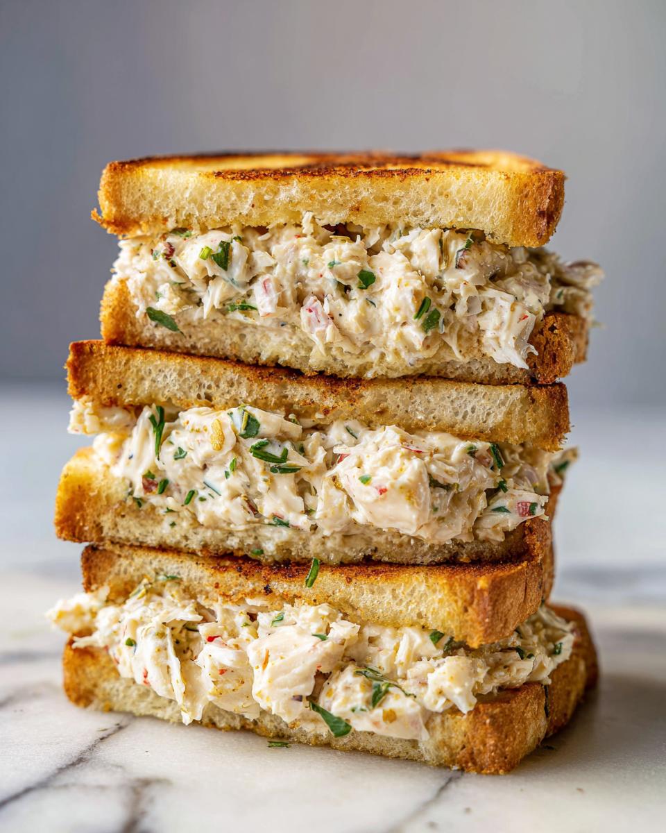 A tall stack of two halves of a crab salad sandwich made with thick, toasted bread and creamy filling.