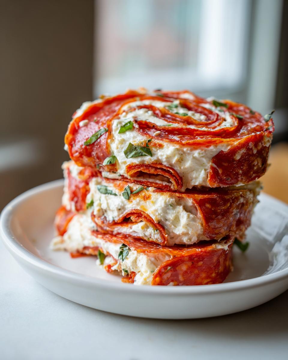 Close-up stack of three thick slices of pepperoni and cream cheese italian pinwheels garnished with basil.