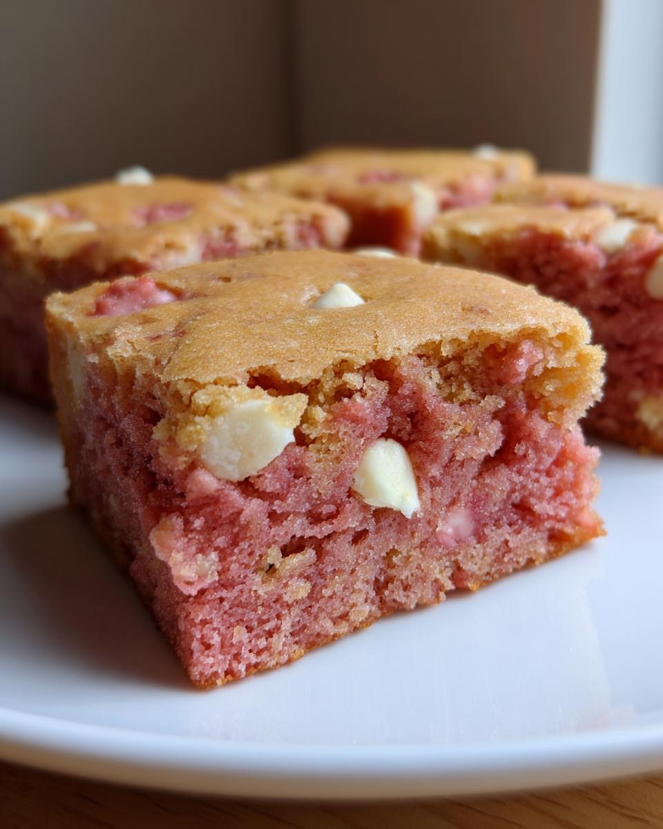 A close-up view of a square strawberry cake mix cookie bars piece showing its pink interior and white chocolate chips.